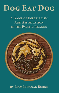 la couverture du jeu : sur un fond bleu, un écusson en bois avec au centre deux loups qui se battent, formant un cercle façon ouroboros