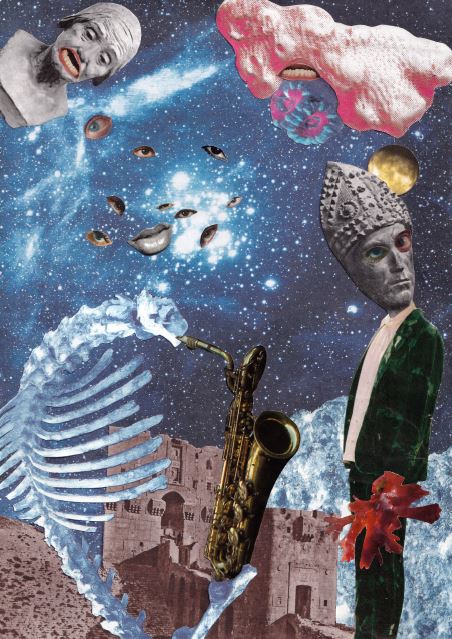 un photo montage psychédélique façon cadavre exquis 
on y voit un squelette étrange y jouer du saxophone, des statues, des bouches et des yeux sur fond de ciel céleste