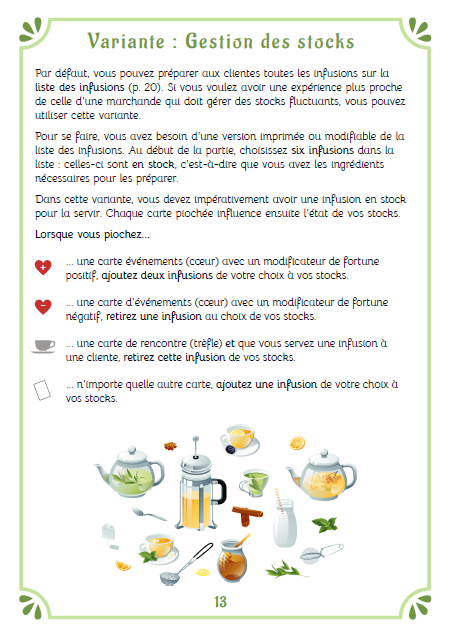 La page présente une variante optionnelle du jeu qui permet de gérer les stocks au lieu de toujours avoir ce qu'il faut pour préparer l'infusion de son choix