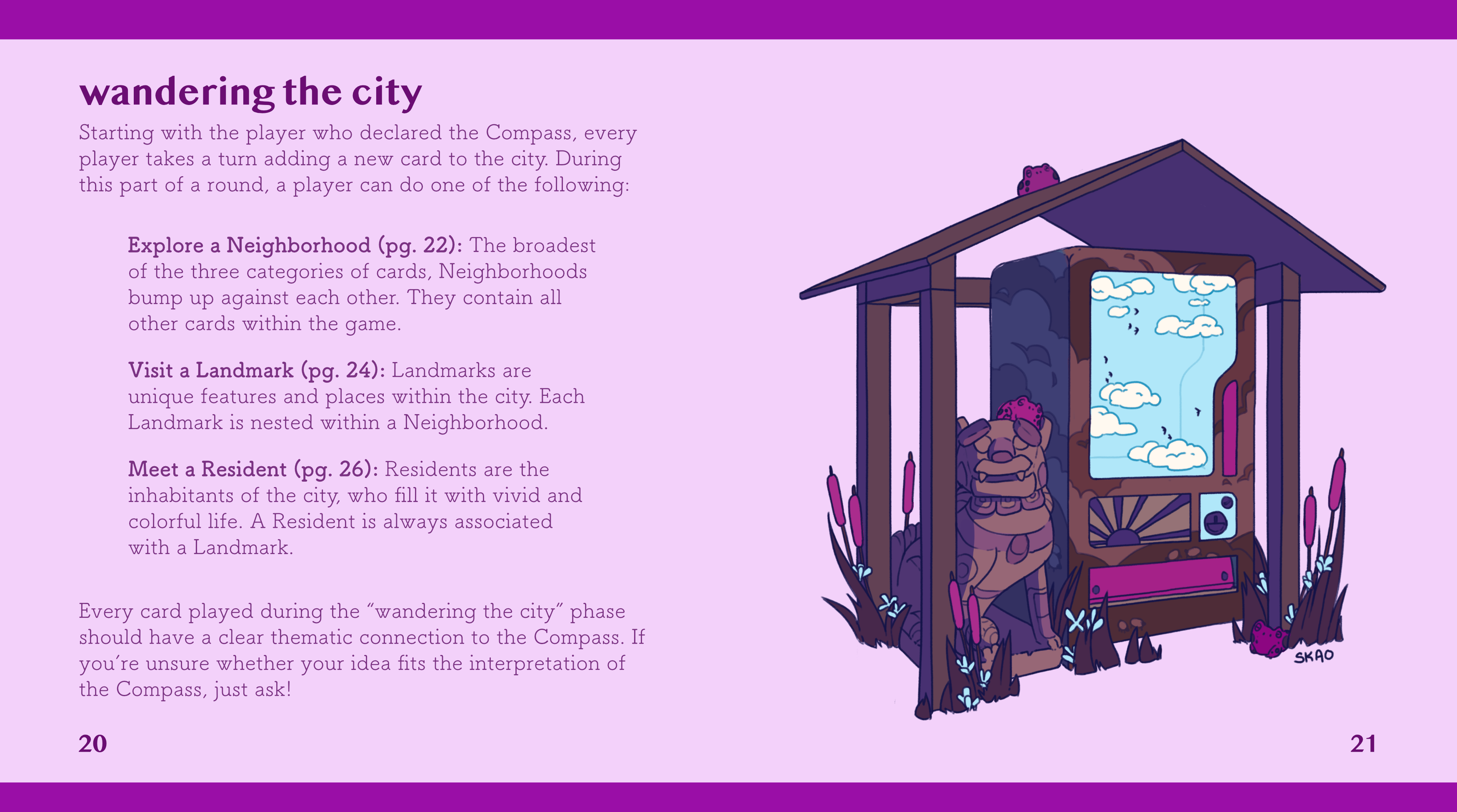 une page des règles du jeu sur fond violet où l'on voit une petite cabane en bois abritant une statue asiatique et un distributeur automatique
