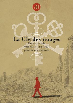 une silhouette rouge marche sur un fond d'image de ruines 
au dessus de sa tête, trois grandes clefs