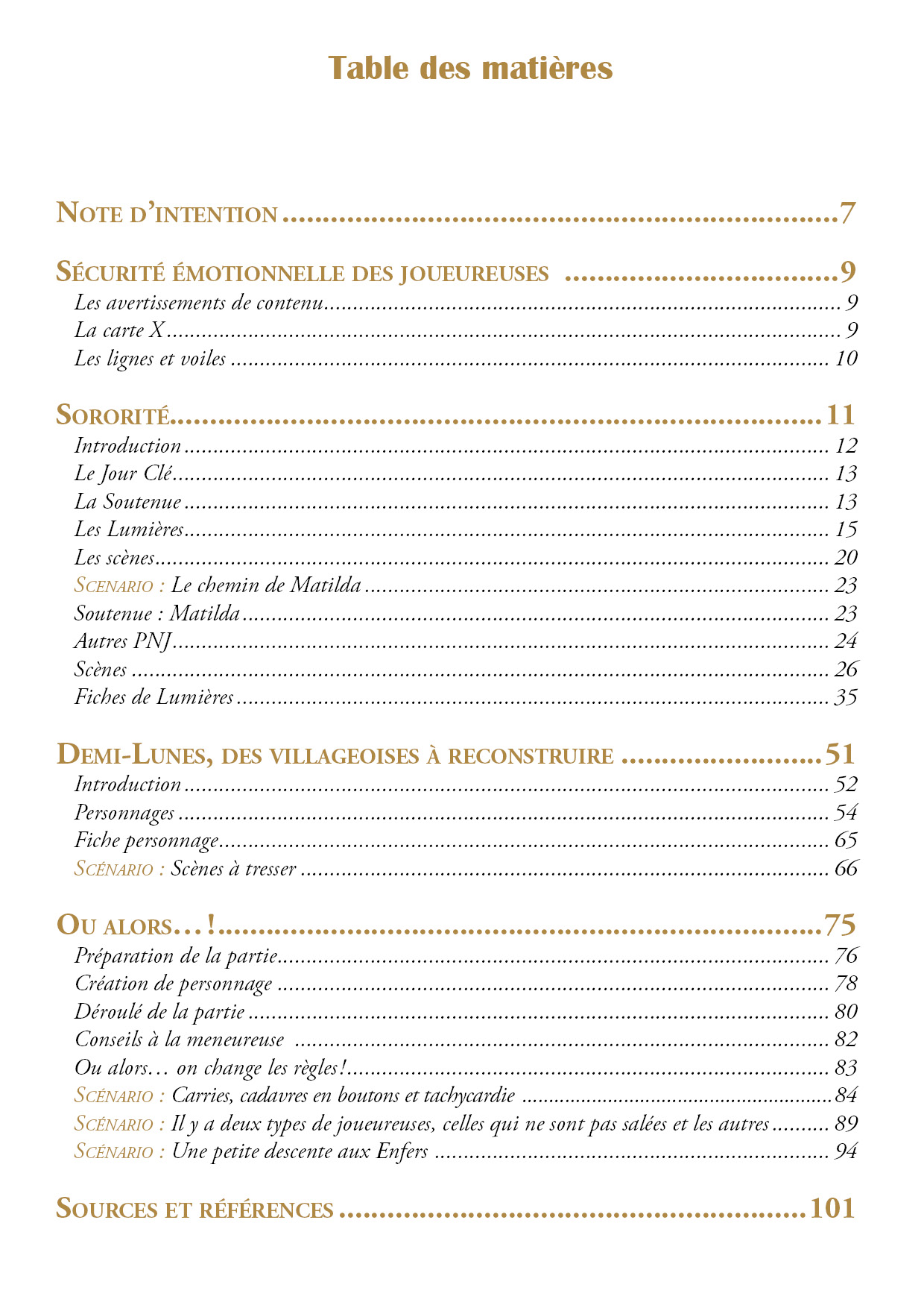 Sommaire d'une page avec le détail des jeux "Sororité", "Demi-Lunes" et "Ou alors".