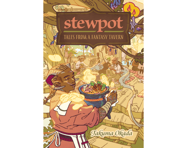 un personnage portant des cornes sur la tête et un tablier apporte une grosse marmite de ragoût dans la salle d'une taverne construite dans un arbre