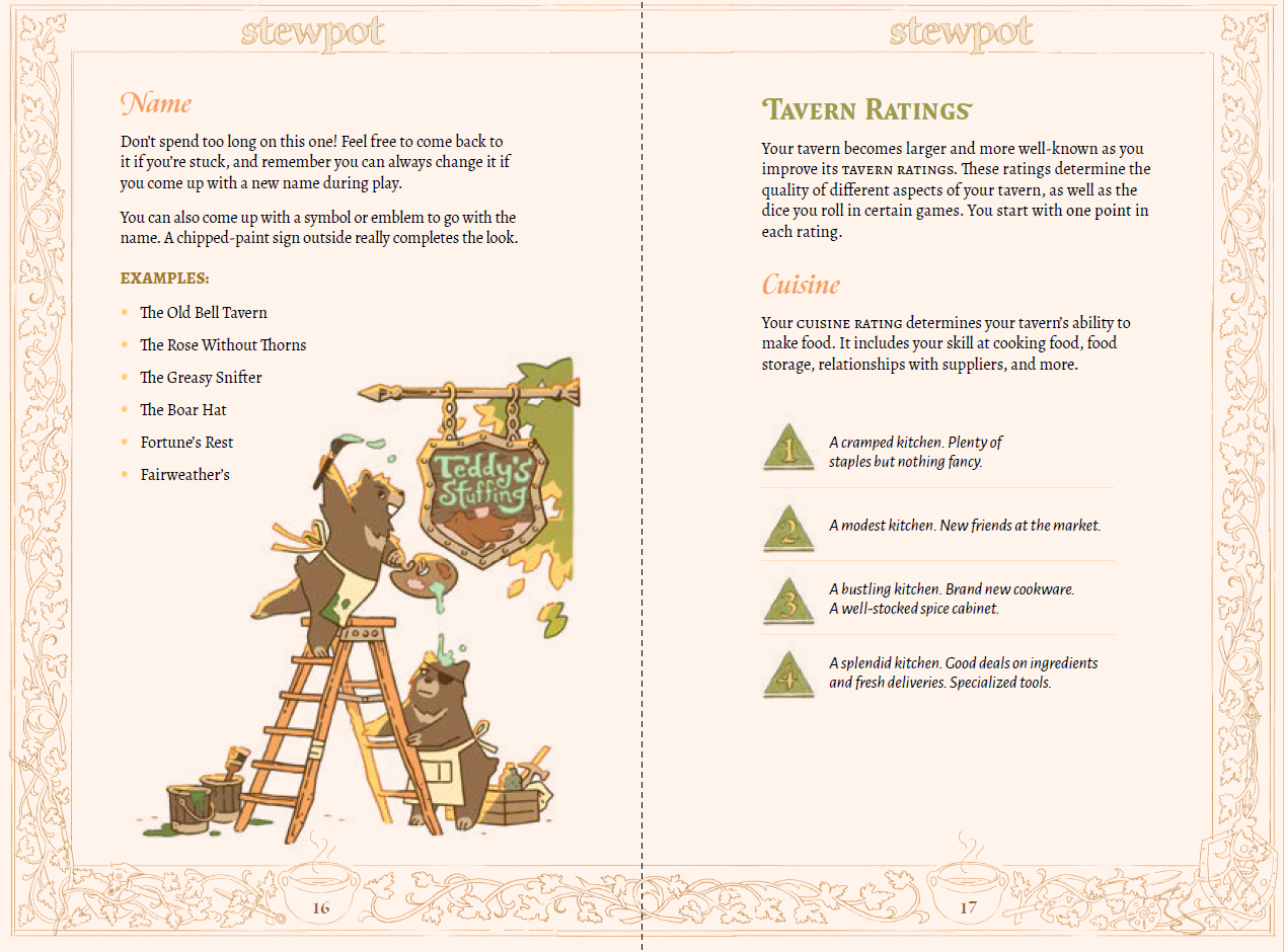 un exemple de page d'intérieur avec des noms de taverne 
on voit une illustration avec 2 ours en train de peindre le nom d'une taverne. Un des 2 ours porte un patch de pirate sur l'oeil