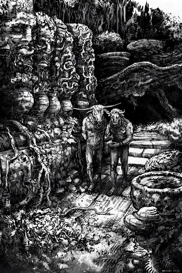 2 minotaures inquiets dans une architecture sinistre et délirante : un labyrinthe ?